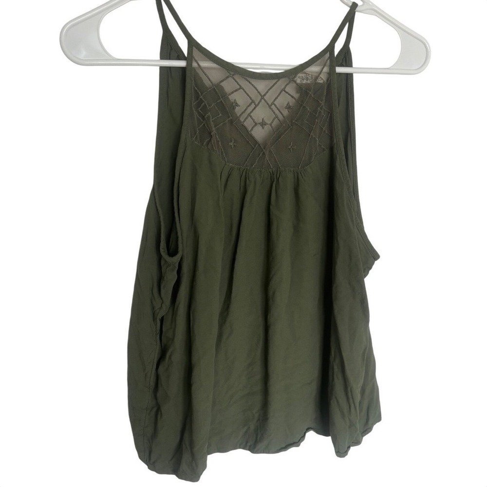 Mudd Womens Olive Green tank Top Embroidered Mesh Yoke Keyhole Back Size S